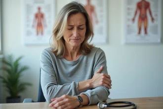Femme en consultation médicale se tenant le bras en raison de fourmillements, illustrant les nouveaux traitements contre les paresthésies en 2026