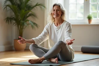 Femme pratiquant des étirements doux au sol pour soulager la névralgie pudendale naturellement