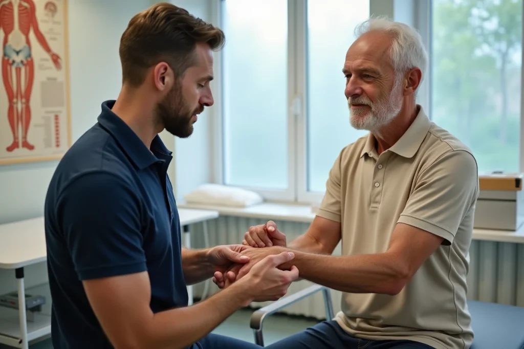 Kinésithérapeute réalisant un bilan neurologique sur l'avant-bras d'un patient pour traiter les fourmillements et paresthésies