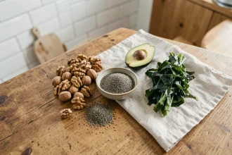 Disposition à plat d'aliments végétariens riches en oméga-3 : noix, graines de lin, graines de chia, avocat et algues sur une table en bois