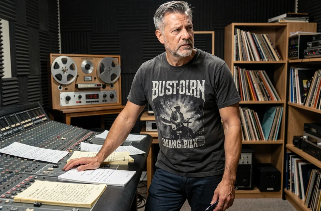 Artiste rock en studio d'enregistrement devant une console de mixage entouré de partitions manuscrites, symbolisant le travail créatif solitaire