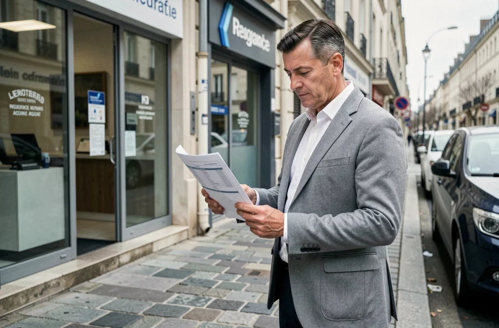 Homme tenant un document d'assurance devant une agence ECA en ville, évaluant une offre d'assurance