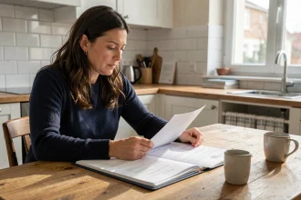 Femme consultant des documents d'assurance ECA à la maison, comparant des offres d'assurance sur papier