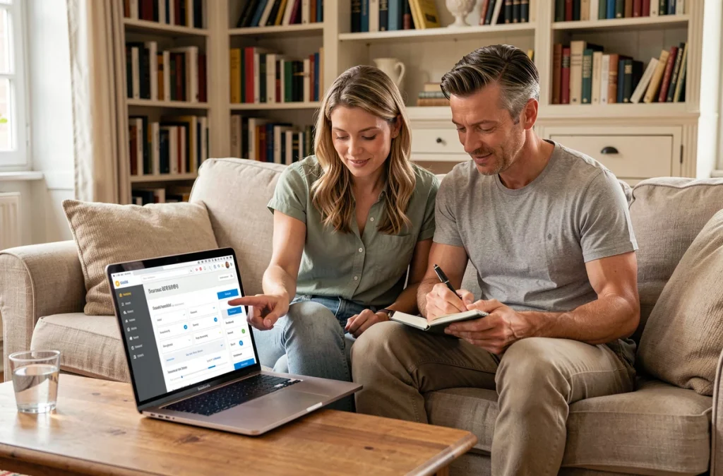 Couple comparant des avis sur l'assurance ECA sur ordinateur portable dans leur salon, processus de choix d'assurance