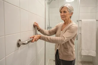 Femme âgée s'appuyant sur une barre de maintien installée dans une salle de bain adaptée pour prévenir les chutes