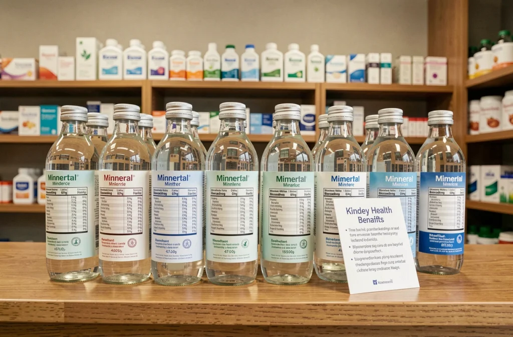 Bouteilles d'eau minérale riche en bicarbonate alignées sur une étagère de pharmacie avec des informations sur la santé rénale