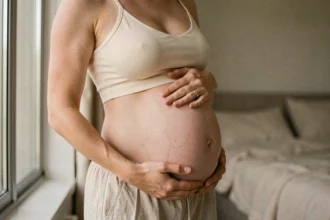 Femme enceinte montrant les changements cutanés de son ventre pendant la grossesse, avec vergetures visibles et teint naturel
