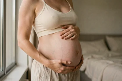 Femme enceinte montrant les changements cutanés de son ventre pendant la grossesse, avec vergetures visibles et teint naturel