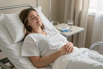 Jeune femme en post-opératoire après une césarienne, allongée dans un lit d'hôpital moderne, la main posée près de son abdomen avec une expression sereine