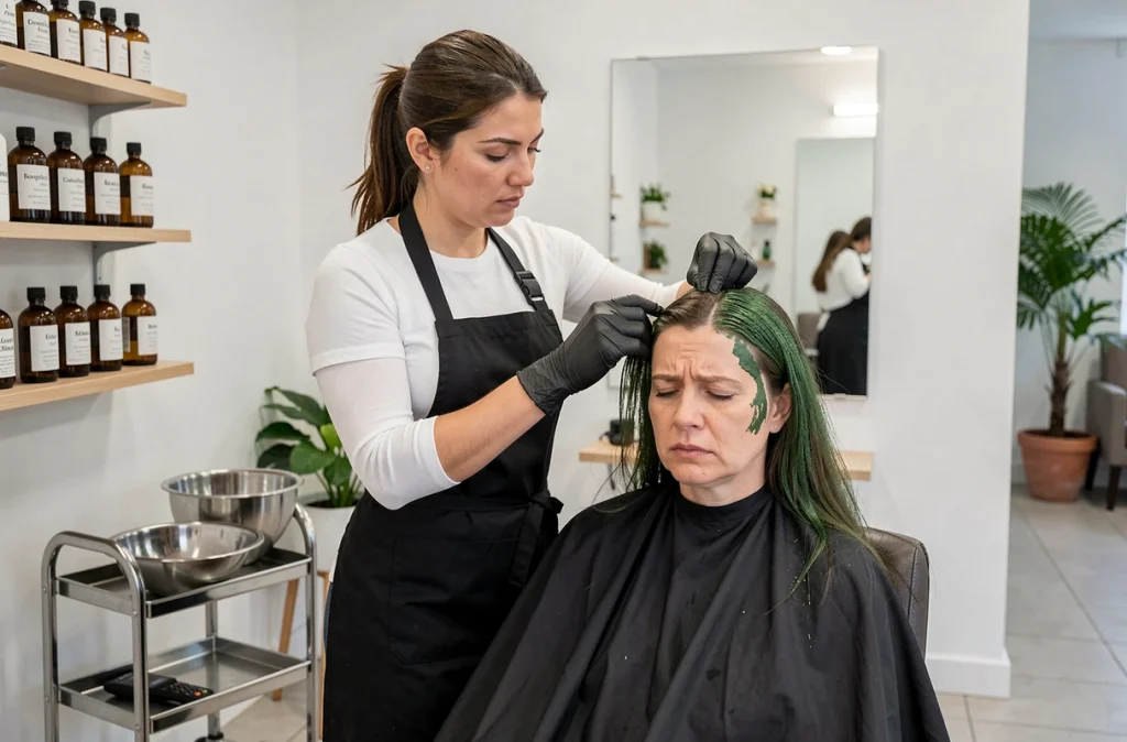 Coiffeuse examinant le cuir chevelu d'une cliente après application d'une coloration végétale botanique en salon