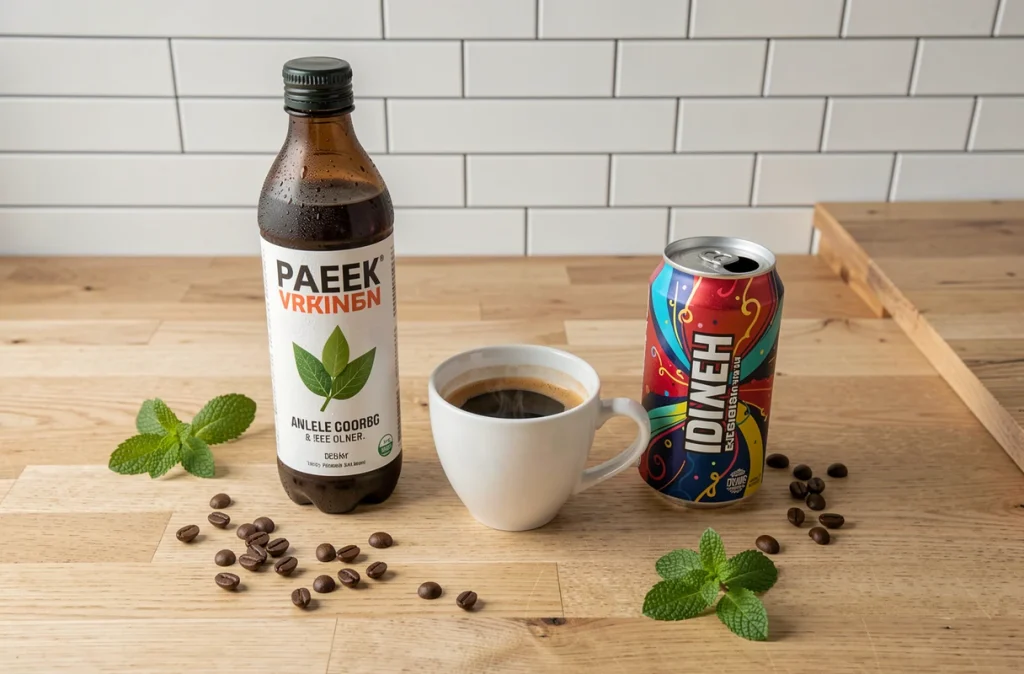 Vue comparative de trois boissons côte à côte : Bonjour, café espresso et boisson énergétique sur un comptoir de cuisine