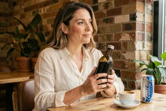 Femme comparant une boisson Bonjour avec un café classique et une boisson énergétique dans un café moderne
