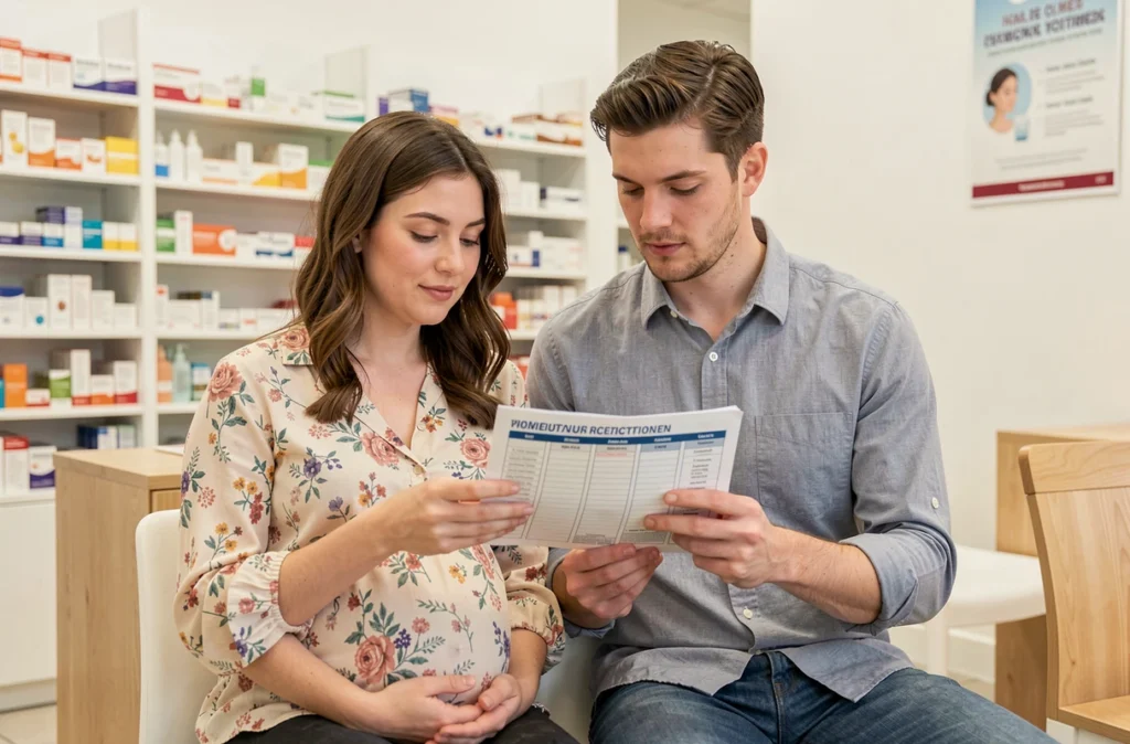 Couple attendant dans une pharmacie en consultant un calendrier vaccinal recommandé pendant la grossesse