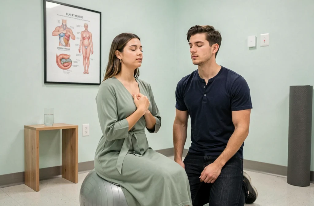 Couple de futurs parents pratiquant des exercices de respiration lors d'une séance de préparation à la naissance en milieu hospitalier