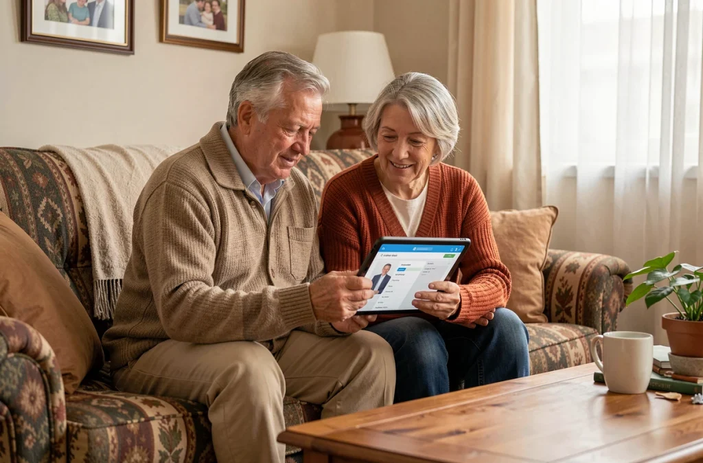 Couple de seniors consultant ensemble leur espace compte mutuelle PRO BTP sur tablette pour gérer les dossiers de santé familiaux