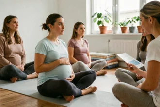 Femme enceinte participant à un cours de préparation à la naissance dans un studio calme avec d'autres futures mamans et une sage-femme