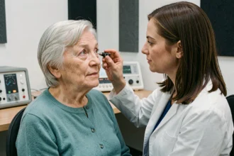 Une femme âgée lors d'un examen auditif dans un cabinet d'audiologie moderne, illustrant l'importance du dépistage auditif chez les seniors