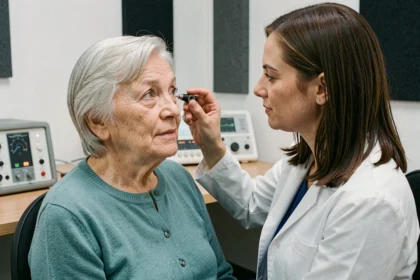 Une femme âgée lors d'un examen auditif dans un cabinet d'audiologie moderne, illustrant l'importance du dépistage auditif chez les seniors