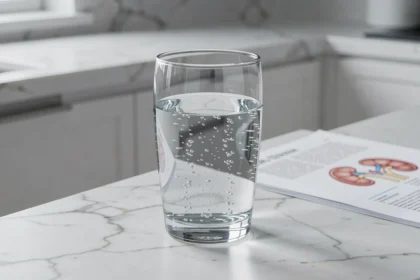 Verre d'eau pétillante riche en bicarbonate posé sur un plan de travail en marbre blanc avec des documents scientifiques en arrière-plan