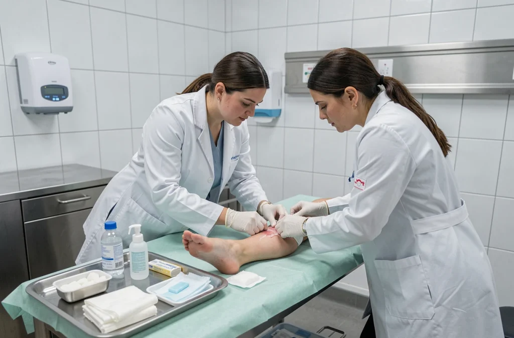 Équipe soignante réalisant un soin de plaie profonde d'escarre sur la cheville d'un patient dans une salle de traitement clinique