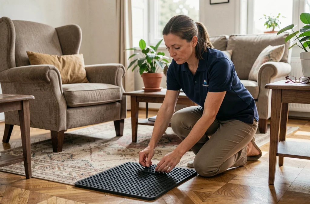 Ergothérapeute installant un tapis antidérapant dans un salon pour adapter le logement d'une personne âgée et prévenir les chutes