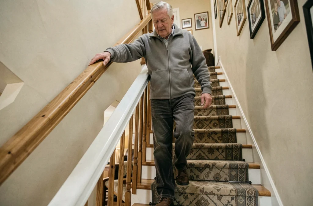 Homme âgé descendant un escalier intérieur équipé d'une main courante et de bandes antidérapantes pour prévenir les chutes
