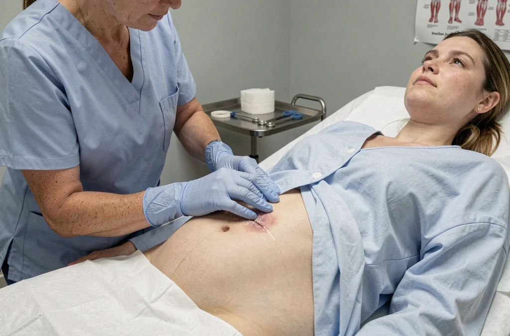 Infirmière examinant la cicatrice abdominale d'une patiente après une césarienne, avec des gants médicaux et du matériel de soin stérile dans une salle de consultation