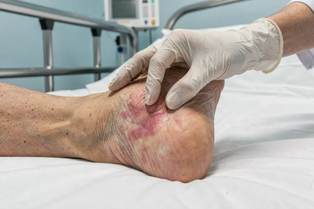 Infirmière examinant une rougeur cutanée sur le talon d'une personne âgée hospitalisée, premier stade d'escarre