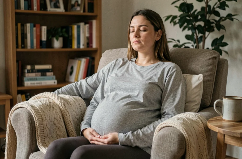 Future maman fatiguée se reposant dans un fauteuil confortable avec un coussin de maternité, montrant les effets de la fatigue et du manque de sommeil durant la grossesse