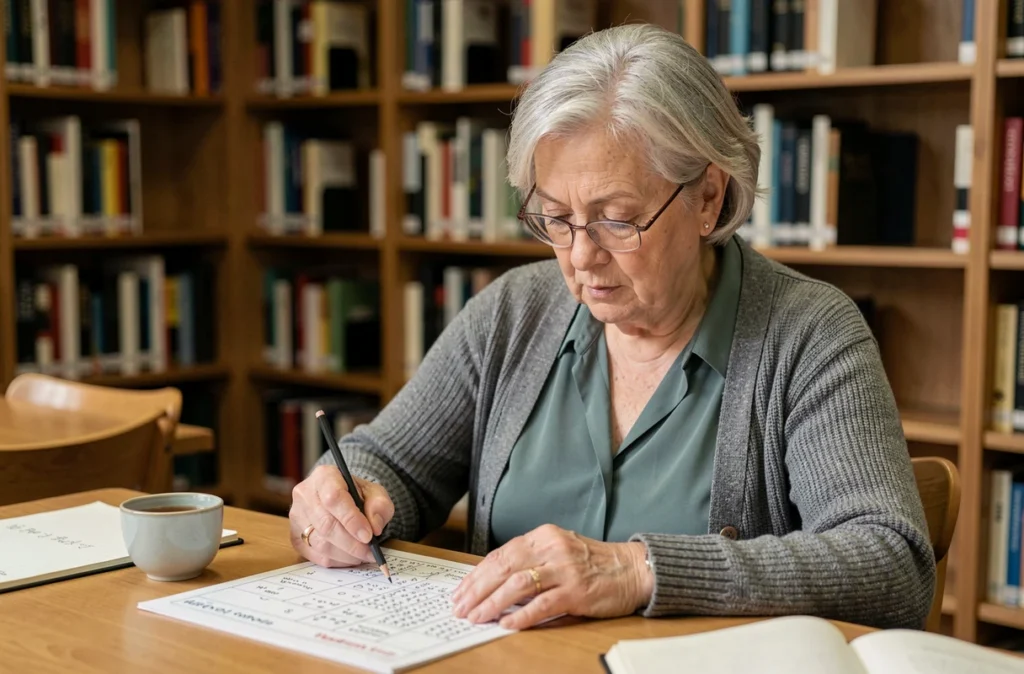 Femme âgée concentrée sur un exercice de mots croisés dans une bibliothèque lors d'un atelier de stimulation cognitive