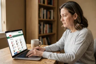 Femme utilisant un annuaire médical en ligne sur un ordinateur portable depuis son bureau à domicile
