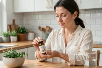Femme tenant un flacon de complément alimentaire phyto pour les problèmes digestifs dans une cuisine moderne