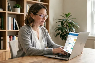 Femme consultant son compte mutuelle PRO BTP en ligne depuis son bureau à domicile pour suivre les dossiers de santé de sa famille