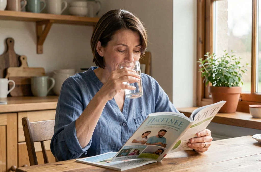 Femme d'âge mûr buvant de l'eau minérale riche en bicarbonate tout en lisant un magazine de santé dans sa cuisine