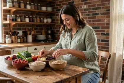 Femme enceinte préparant un repas sain et équilibré avec des légumes frais, fruits et céréales complètes dans une cuisine rustique