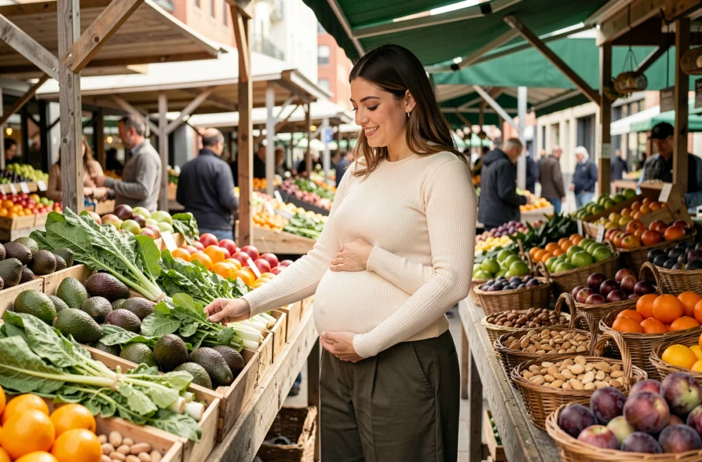 Femme enceinte choisissant des fruits et légumes frais au marché pour une alimentation équilibrée pendant la grossesse