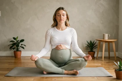 Femme enceinte en méditation sur un tapis de yoga dans un salon minimaliste, les mains posées sur le ventre
