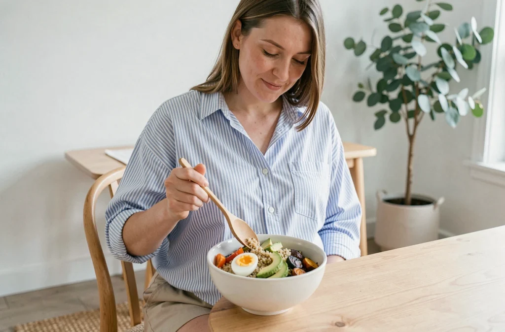 Femme enceinte dégustant un repas nutritif à base de quinoa, légumes rôtis et avocat dans un intérieur scandinave