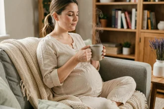Femme enceinte tenant une tasse de tisane apaisante sans caféine, assise confortablement sur un canapé avec une couverture en tricot