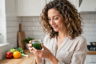 Femme tenant un pot de gel de sea moss dans une cuisine parisienne, illustrant la préparation du moss marin pour booster l'énergie et l'immunité