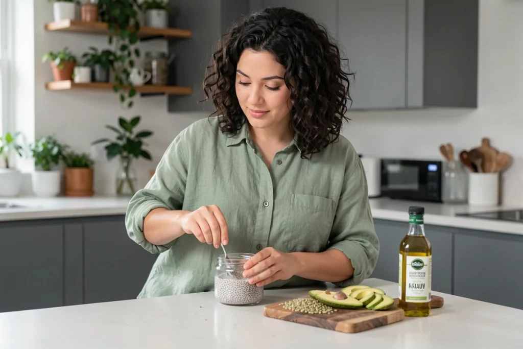 Jeune femme végétarienne préparant un pudding de graines de chia dans une cuisine moderne, avec huile de lin et graines de chanvre sur le plan de travail