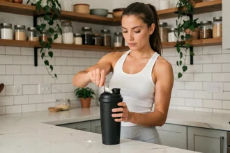 Femme préparant un shake de whey protéiné dans une cuisine moderne comme substitut de repas pour la perte de poids