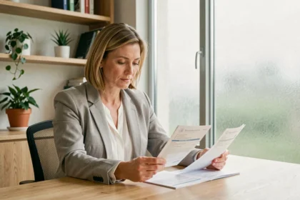 Femme consultant ses documents de remboursement santé Camueg à son bureau à domicile