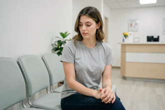 Femme adulte dans une salle d'attente de gynécologue, expression calme et préoccupée, illustrant une consultation médicale pour des troubles intimes