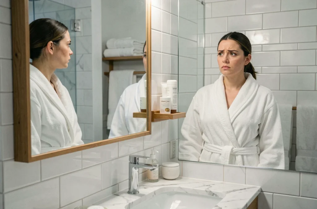 Femme en peignoir blanc dans une salle de bain moderne se regardant dans le miroir, illustrant une prise de conscience d'un problème de santé intime