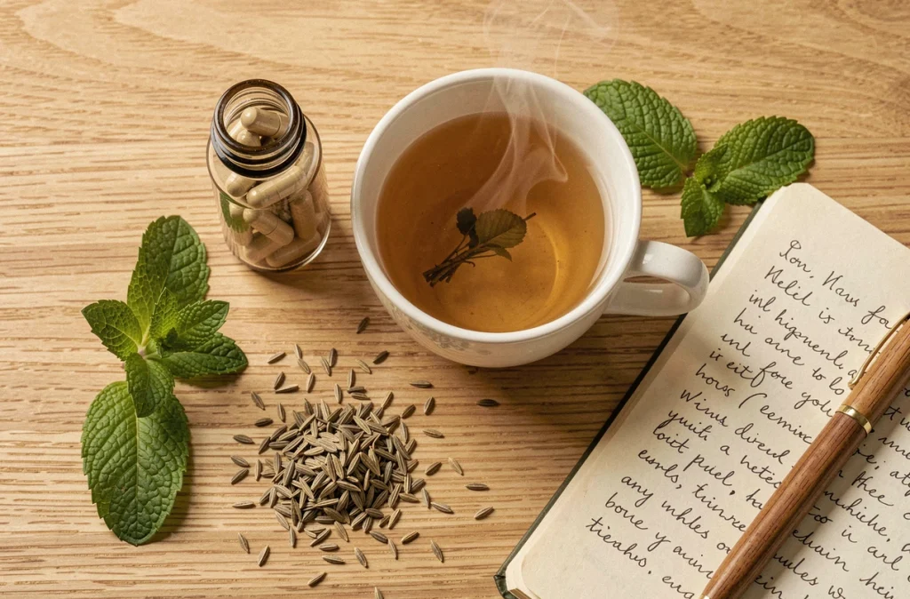 Flat lay de remèdes phytothérapeutiques pour la digestion avec tisane camomille et graines de fenouil