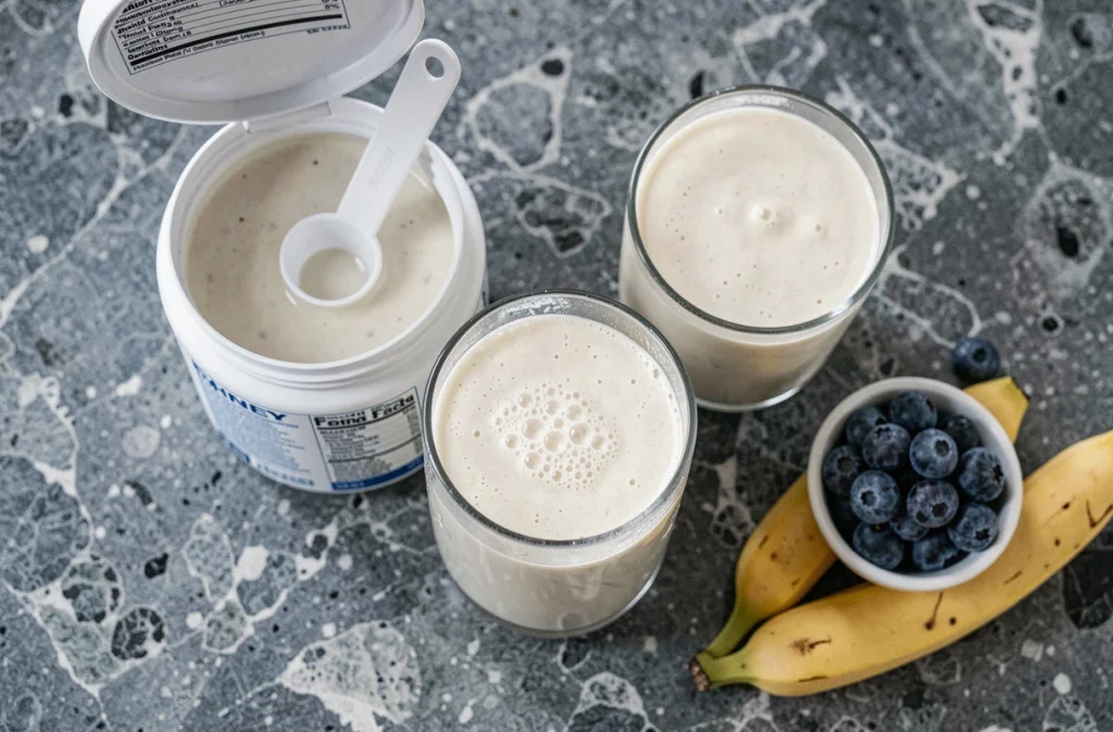 Vue de dessus d'un shake de whey protéiné avec fruits frais sur un comptoir en pierre illustrant un substitut de repas équilibré pour maigrir