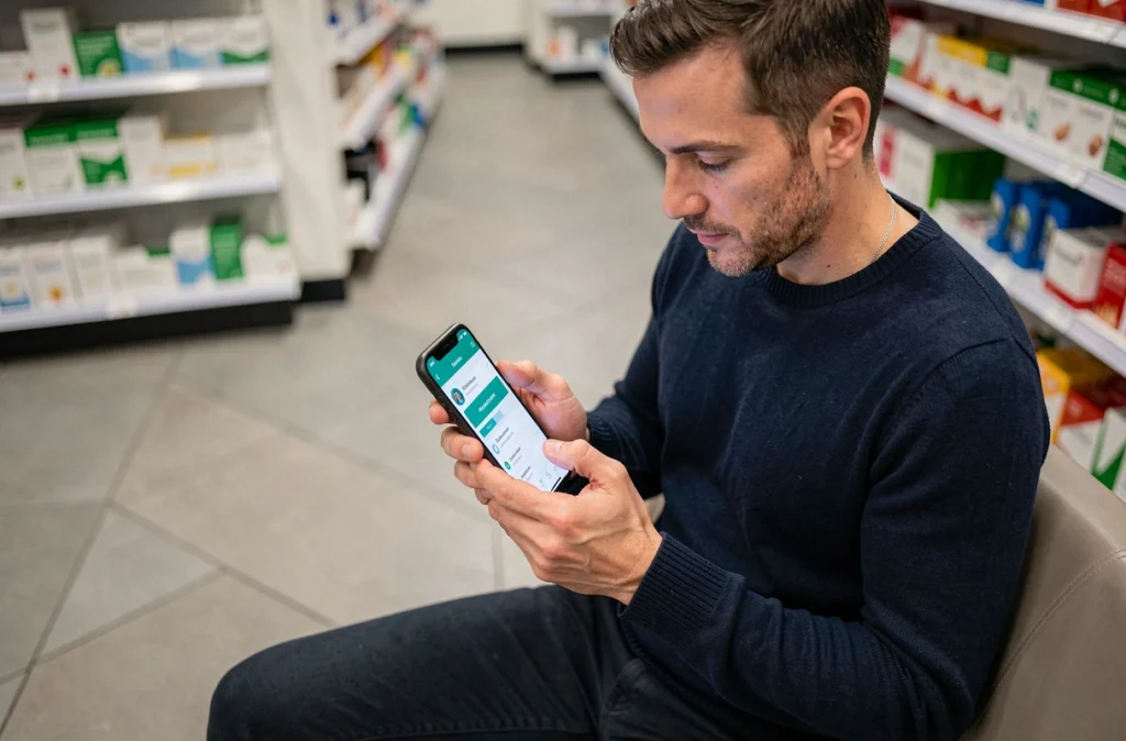 Homme consultant l'application Camueg pour ses remboursements santé en pharmacie