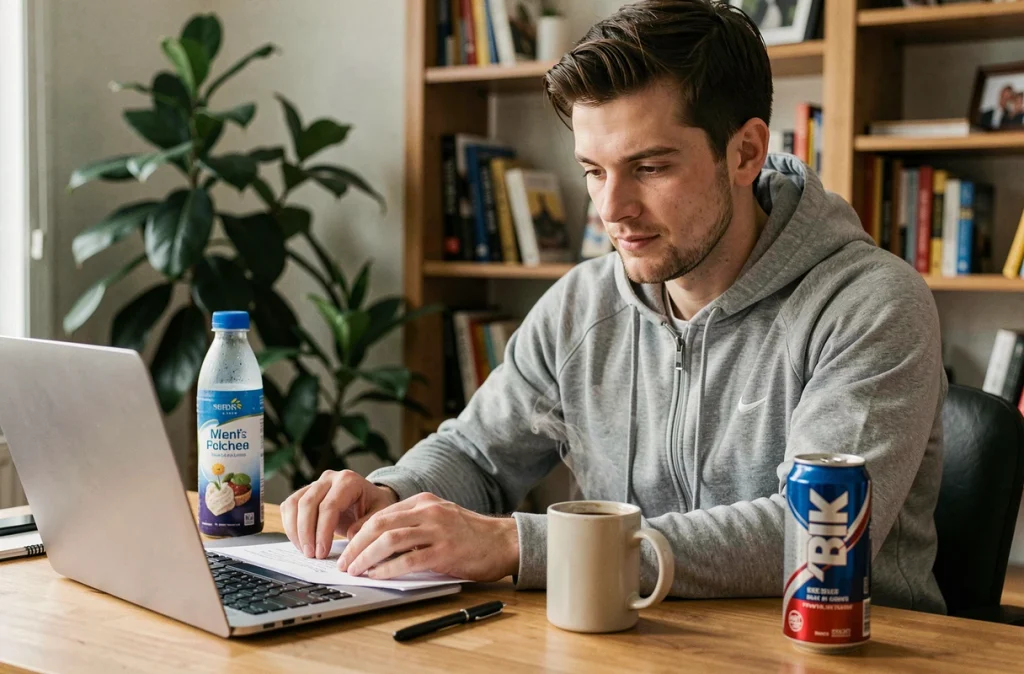 Homme en télétravail comparant une boisson Bonjour, un café chaud et une boisson énergétique sur son bureau