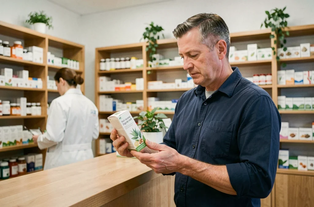 Homme en pharmacie examinant une boîte de compléments phytothérapeutiques pour la digestion